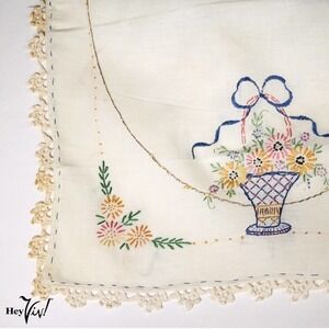 Vintage Square Table Cloth Topper Hand Embroidery Crochet Edges 20x25" - Hey Viv